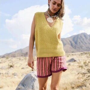 Free People Beach Green Yellow Knit Penny V Neck Sweater Vest